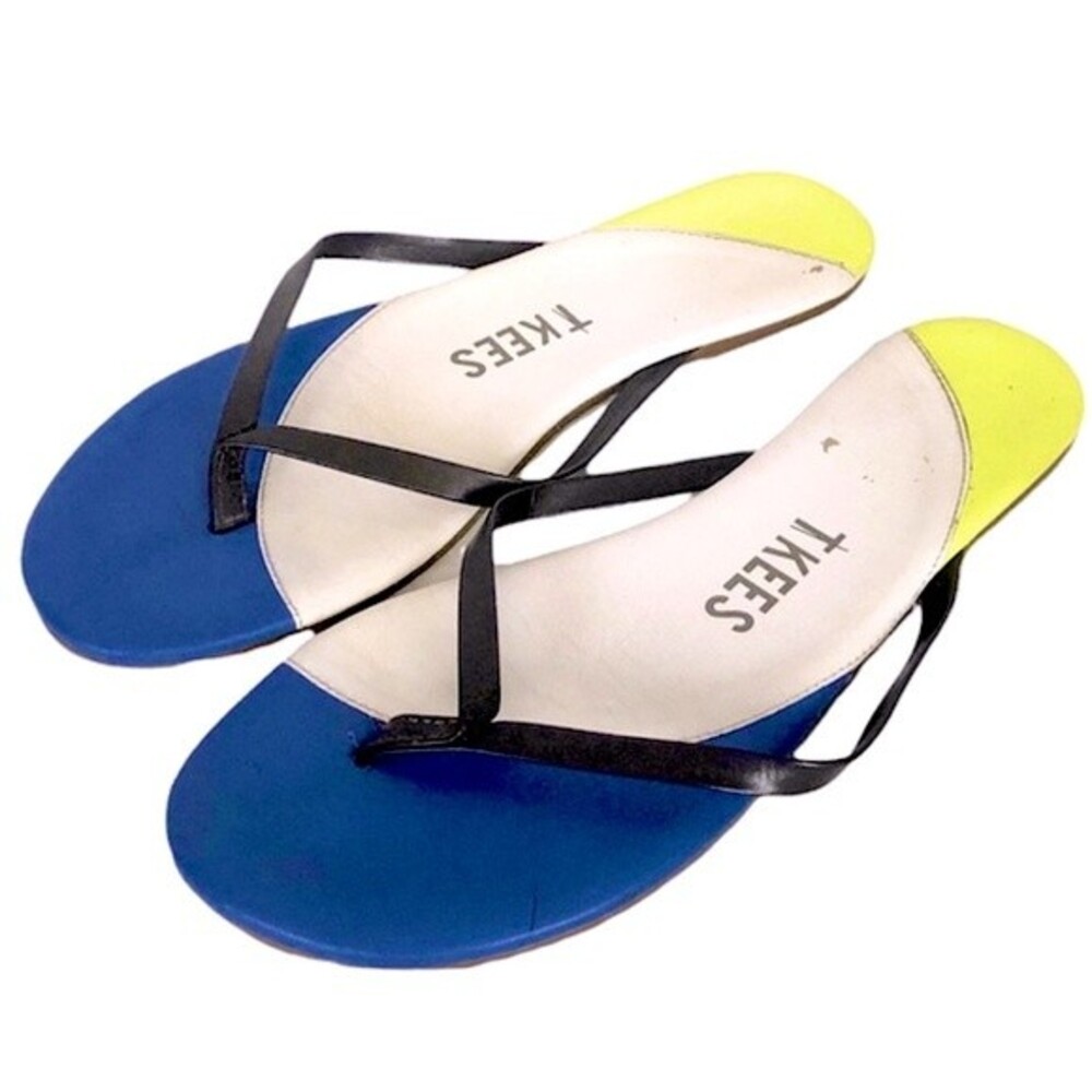 TKEES Neon Yellow & Blue Leather Thong Sandal Flip Flop